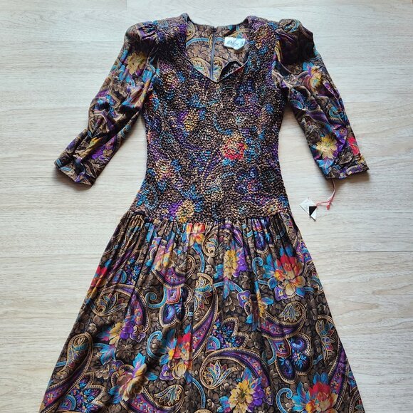 Vintage NWT ACT I New York Floral Paisley Smocked Midi Dress Drop-waist - Picture 8 of 14